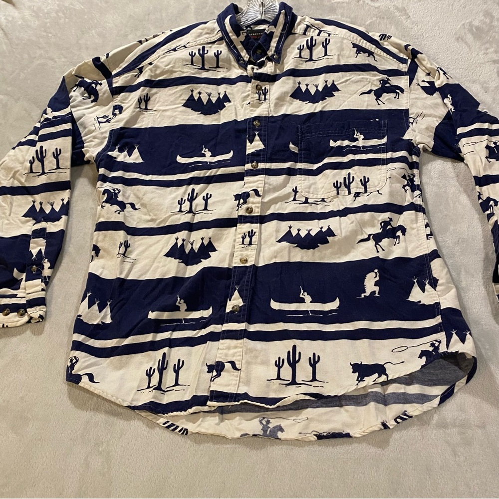 Structure Shirt Men’s Medium Blue White Flannel Cowboy Indian Western Vintage